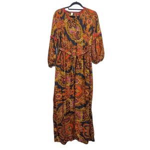 Vintage Boho Print Long Sleeve Belted Maxi Dress